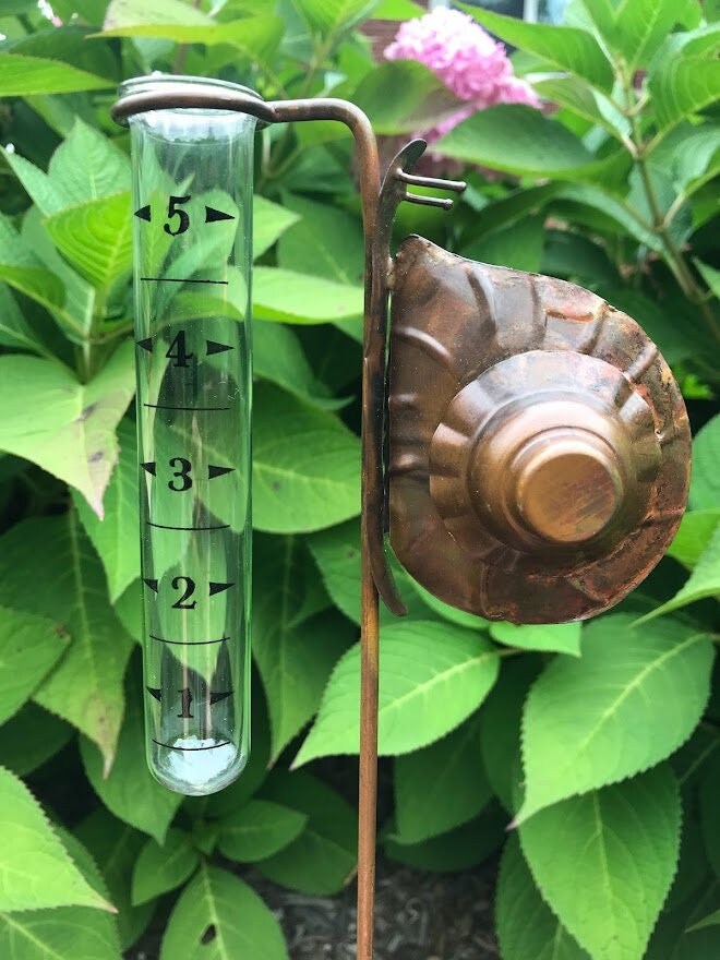 Snail Rain Gauge - Yard Art - Copper Color Metal Garden Stake - Garden Gift