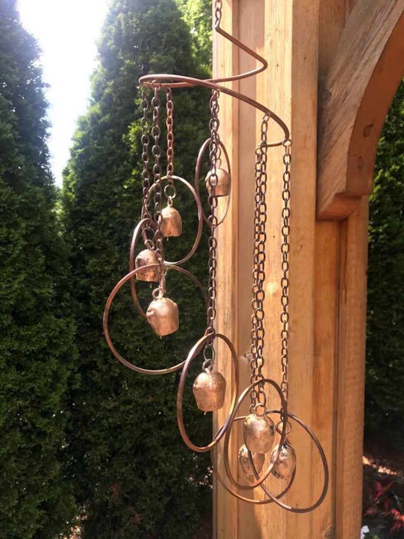 Fairy Bells Spiral Hanging Yard Art Copper Color Metal Wind SPINNER Gardening Gift image 1