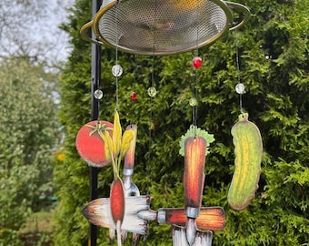 Whimsical Art Windchime - Veggie Garden - Gardening Decor - Yard Metal Gift Wind Chime