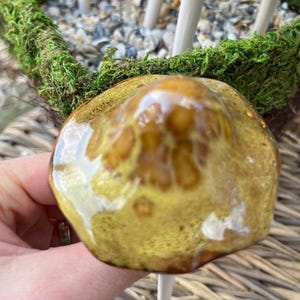 K&ouml;nnte beinhalten: Ein glasierter Keramikpilz in Gelb- und Braunt&ouml;nen, befestigt an einem wei&szlig;en Stiel. Der Hintergrund zeigt einen geflochtenen Korb, gr&uuml;nes Moos und kleine wei&szlig;e St&auml;bchen.