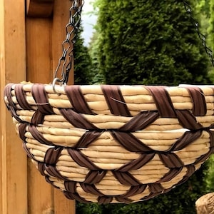 Hanging Woven Planter Basket: Two-Tone Natural Wicker, 14 inch
