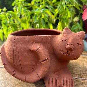 May include: A terracotta cat-shaped planter with a curled tail and closed eyes. The planter has a wide opening for plants and is made of a reddish-brown clay material. The cat's paws are visible, and the overall design is whimsical.
