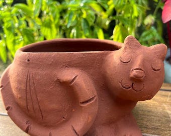 Sleeping Cat Terracotta Pottery Planter Pot for small plants succulents cacti