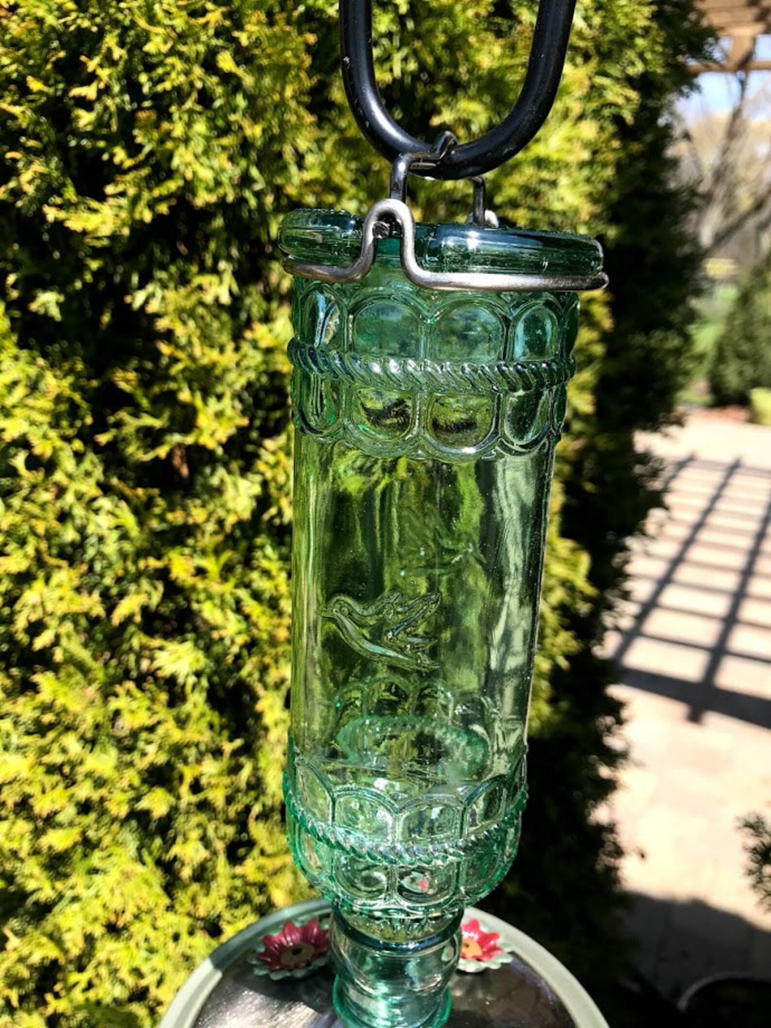 Vintage inspired Hummingbird Feeder - CLEAR or GREEN Glass - Small 10oz bird feeder Nature Gift - Green Glass