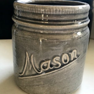 Ceramic Mason Jar Crock Planter MEDIUM Rustic Farmhouse Vintage windowsill container for Plants Flowers Kitchen Inside Herb Pot Light Gray