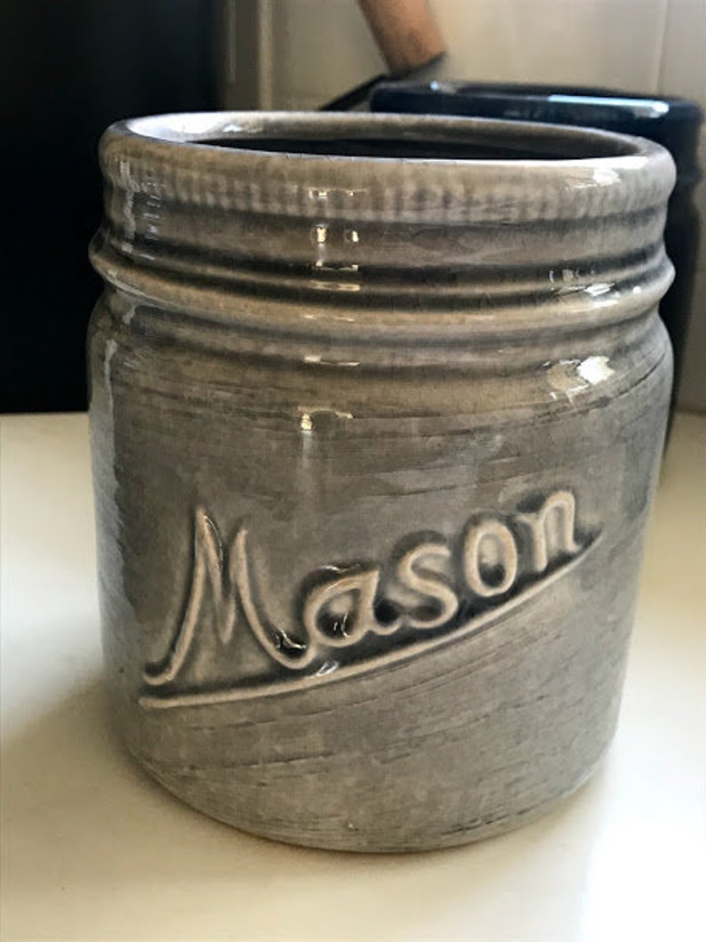 Ceramic Mason Jar Crock Planter MEDIUM Rustic Farmhouse Vintage windowsill container for Plants Flowers Kitchen Inside Herb Pot Light Gray