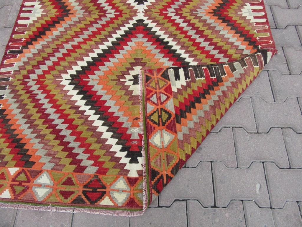 4.4x9 Ft Vintage Colorful Zigzag Designed Turkish Kilim Rug