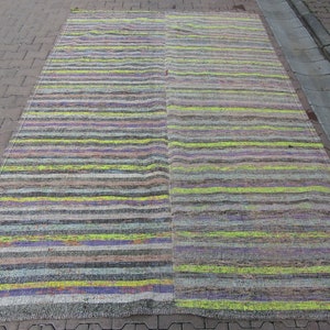 7x10.8 ft Striped Large Vintage Turkish Rag Rug