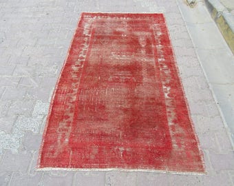 3.8x6.4 ft Vintage handknotted red overdyed Turkish  rug