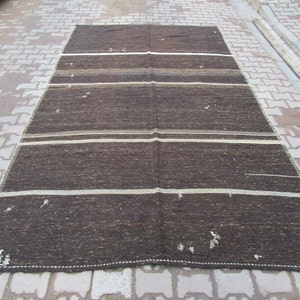 7x12 Ft Black brown white naturel vintage striped Turkish kelim rug