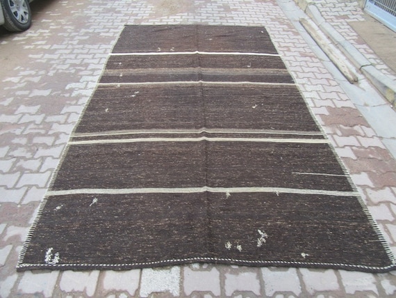 7x12 Ft Black brown white naturel vintage striped Turkish kelim rug
