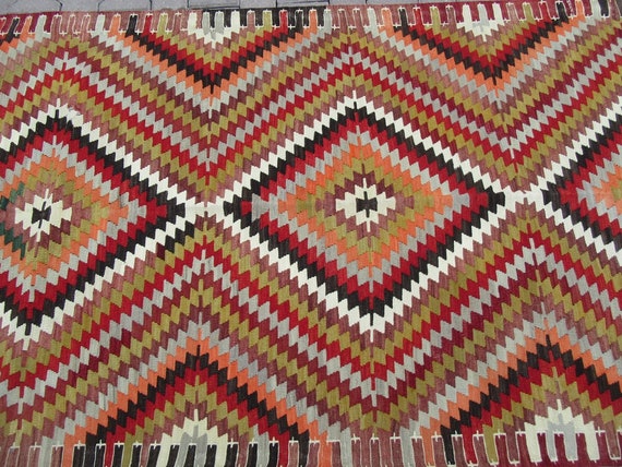 4.4x9 Ft Vintage Colorful Zigzag Designed Turkish Kilim Rug