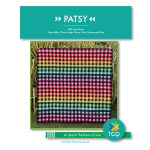 May include: A colourful quilt pattern named "PATSY" with a gingham design in various colours. The quilt is displayed outdoors and features a pattern with horizontal stripes of red, pink, yellow, green, blue, and purple. The pattern is easy and available in multiple sizes.