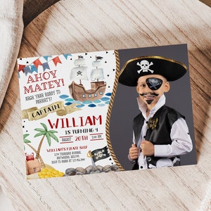 Editable Pirate Birthday Invitation, Pirate Ship Party Invite, Photo Customizable Template, Kids, Treasure, Ahoy Matey, Boy Birthday, 111