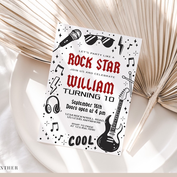 Rock And Roll Birthday Invitation, Rock'n'Roll invite, Music Band Party, Rockstar Editable Customizable Template Party, Boy Birthday, 138