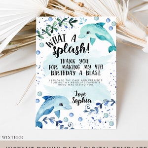 Dolphin Birthday Thank you card, Under the Sea thank you, Editable Customizable Template, Kids, Cute Dolphin Ocean Party, Girl Birthday, 102