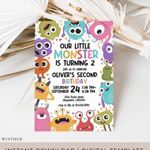 Monster Birthday Invitation, Editable Little Monster Party Invite, Customizable Template, Kids, Monster Party, Boy Birthday, 119