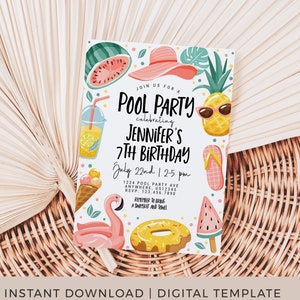 Editable Pool Party Birthday Invitation, Girl Pool Swimming Invite, Tropical Summer Customizable Template, Splish splash, Girl Birthday, 142