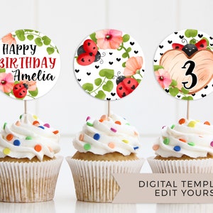 Ladybug Cupcake Toppers, Lovebug Birthday, Editable Party Cake Decor, Customizable Template, Kids, bug, Flower, Girl Birthday, 114