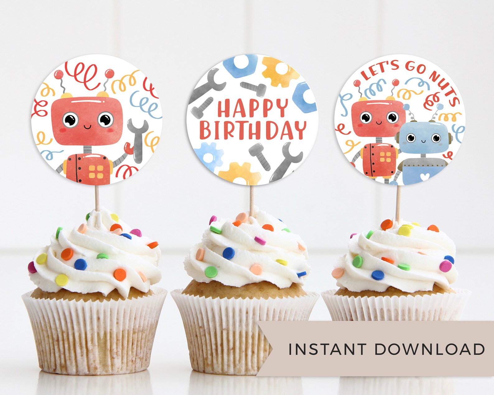 Robot Birthday Cupcake Toppers, Printable Birthday Decor, Digital ...