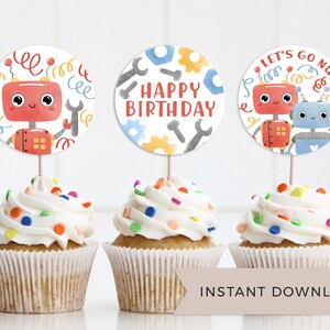 Robot Birthday Cupcake Toppers, Printable Birthday Decor, Digital ...