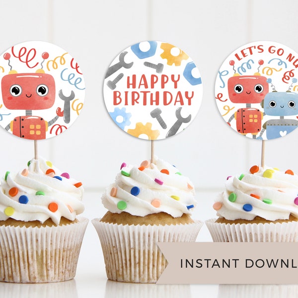 Robot Birthday Cupcake toppers, Printable Birthday Decor, digital download, Tech, Party, Robots, Bolts & Gear Party Decor, tags, PDF, 109