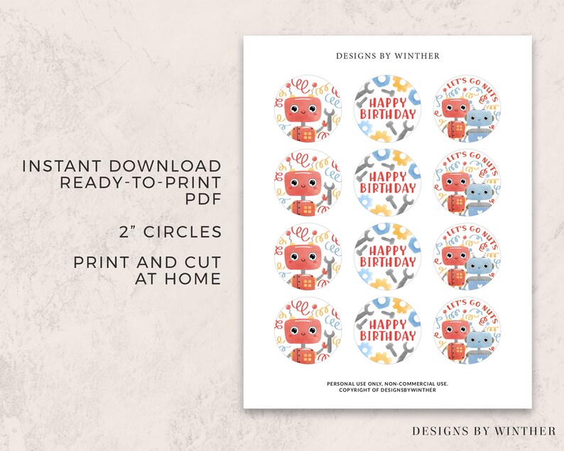 Robot Birthday Cupcake Toppers, Printable Birthday Decor, Digital ...