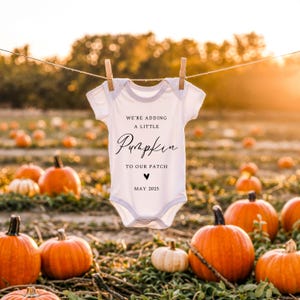 May include: A white baby onesie with the text "We're adding a little Pumpkin to our patch May 2025" hanging on a clothesline in a field of pumpkins.