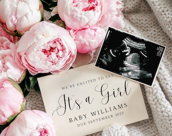 It's a girl, Gender Reveal, Pregnancy announcement, digital gender baby reveal template,Peony, soft, social media, with ultrasound sonogram