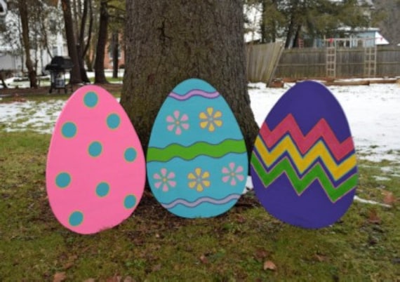 3 Large Easter Egg Yard Stakes Wood Painted Easter Egg Yard Etsy