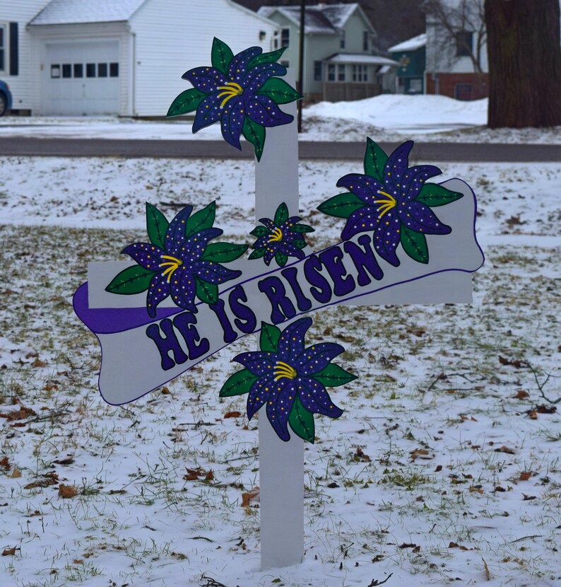 Glittered Easter Cross He Is Risen Yard Sign Outdoor Etsy