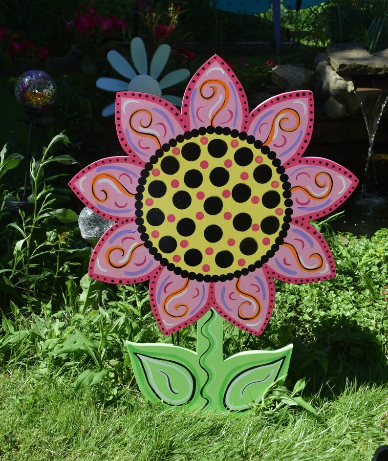 Sunflower Yard Art Stake Wood Painted Flower Garden Stake Etsy