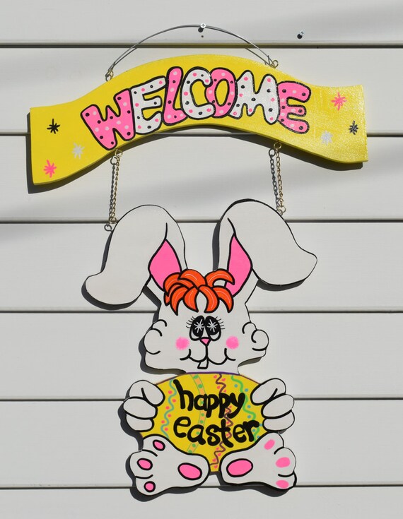 Easter Bunny Door Hanger Easter Door Decor Wood Painted Etsy