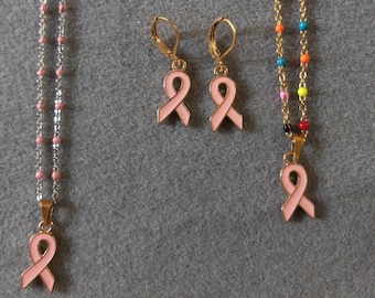 Pendentif acier inoxydable ruban rose et Boucles d'oreilles ruban rose/ pour la cause du cancer du sein