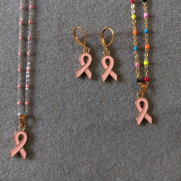 Pendentif acier inoxydable ruban rose et Boucles d'oreilles ruban rose/ pour la cause du cancer du sein