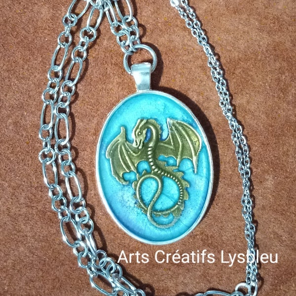 Medieval dragon necklace, turquoise and blue dragon pendant, stainless steel chain