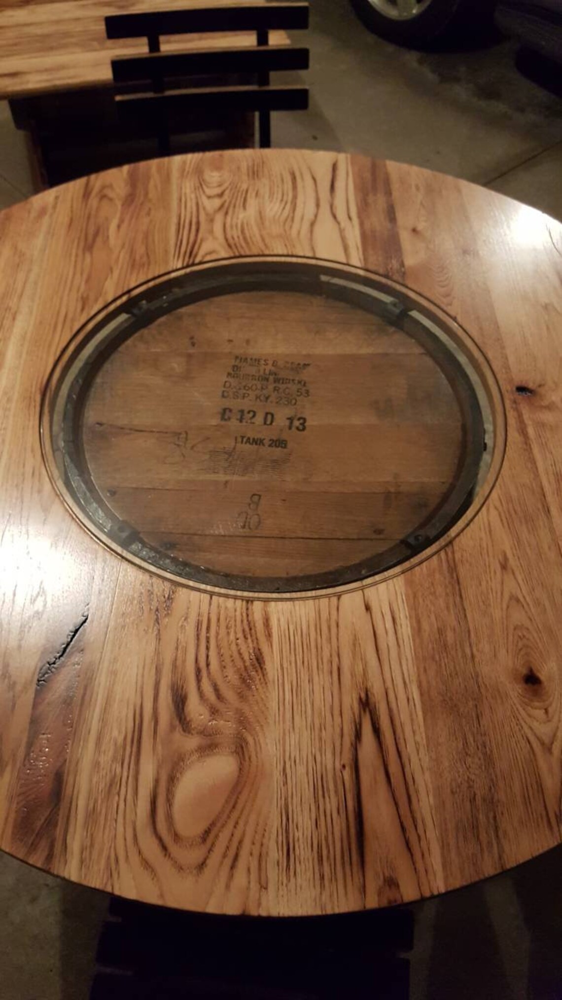 Whiskey Barrel Table With Footrest 48 Burnt Hickory Top Etsy