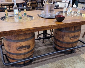Jack Daniels® Double Whiskey Barrel, Table Top (48"X84" Reclaimed Barn Wood) with Glass Inlays, Metal Footrest, Free Shipping!
