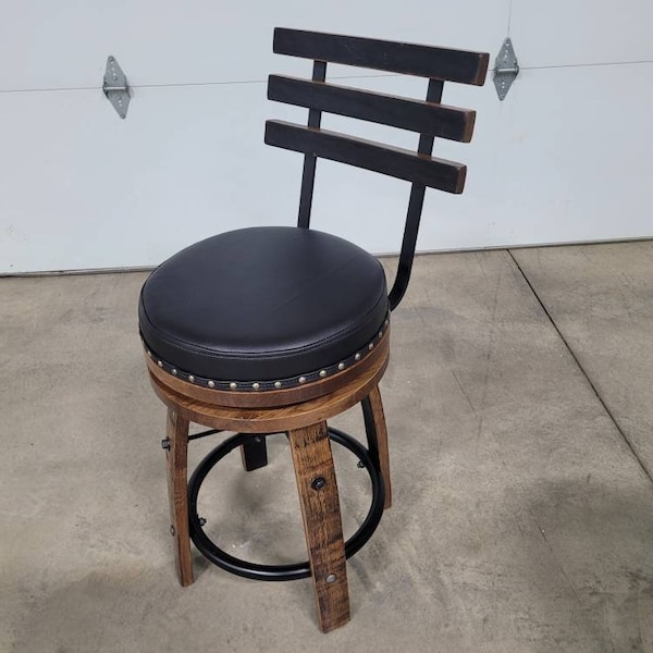 Whiskey Barrel Stave Bar Stool with Real Leather Cushioned Swivel Seat, Footrest, Stave Back, (Brown or Black Cushion), FREE SHIPPING