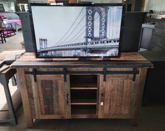 Reclaimed Barnwood Entertainment Center, TV Stand. Authentic, Beautiful Solid Amish Built 60"long X 20" deep X 34" tall, Free Shipping