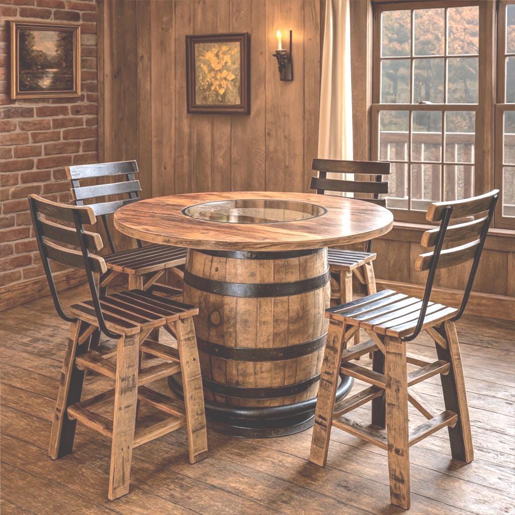 Buffalo Trace® Whiskey Barrel Table Top (48" burnt hickory) with Glass Inlay, Metal Footrest, and 4 Stave Stools - Free Shipping!