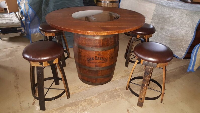 Jack Daniels Whiskey Barrel Table With 4 Cushion Stave Stools Image 0