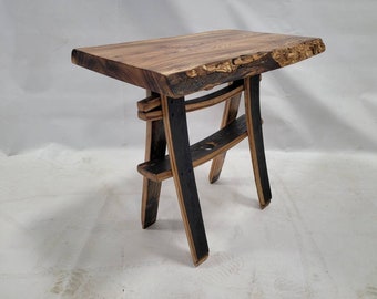 Live Edge Burnt Hickory End Table with Whiskey Barrel Stave Legs and Shelf, Free Shipping, Made in the USA!