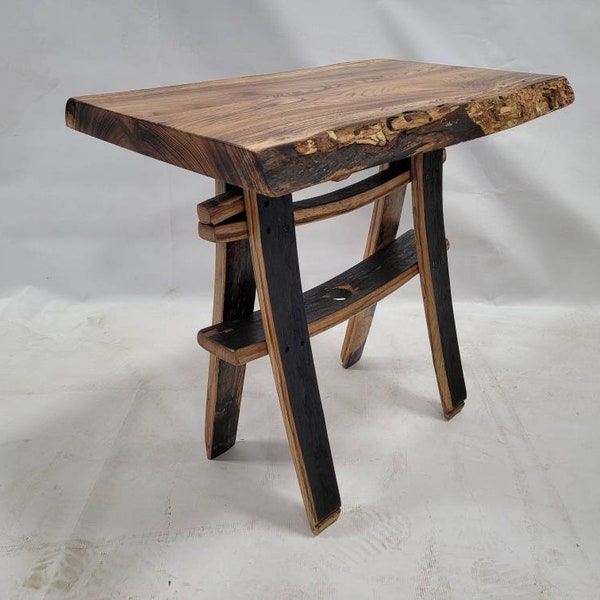 Live Edge Burnt Hickory End Table with Whiskey Barrel Stave Legs and Shelf, Free Shipping, Made in the USA!