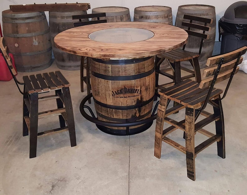 Jack Daniels Whiskey Barrel Table With 4 Stave Chairs And Metal Footrest Ask For Freight Quote