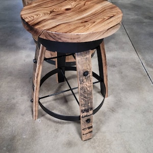 Whiskey Barrel Stave Bar Stool with Burnt Hickory Wooden Swivel Seat, FREE SHIPPING - Made in the USA!!