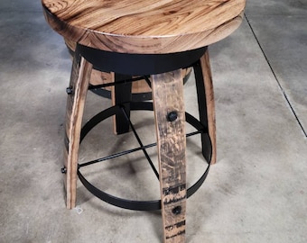 Whiskey Barrel Stave Bar Stool with Burnt Hickory Wooden Swivel Seat, FREE SHIPPING - Made in the USA!!