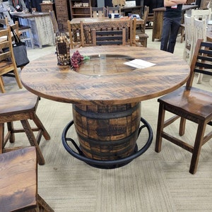 Whiskey Barrel Table with Footrest, 54" Reclaimed Barnwood Top and Metal Footrest, Free Shipping, Made in the USA!