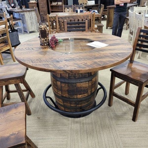 Whiskey Barrel Table with Footrest, 54&quot; Reclaimed Barnwood Top and Metal Footrest, Free Shipping, Made in the USA!