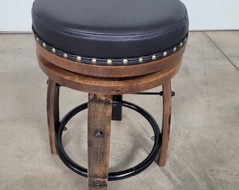 Backless Whiskey Barrel Stave Bar Stool with Real Leather Cushioned Swivel Seat, Footrest, (Brown or Black Cushion), FREE SHIPPING